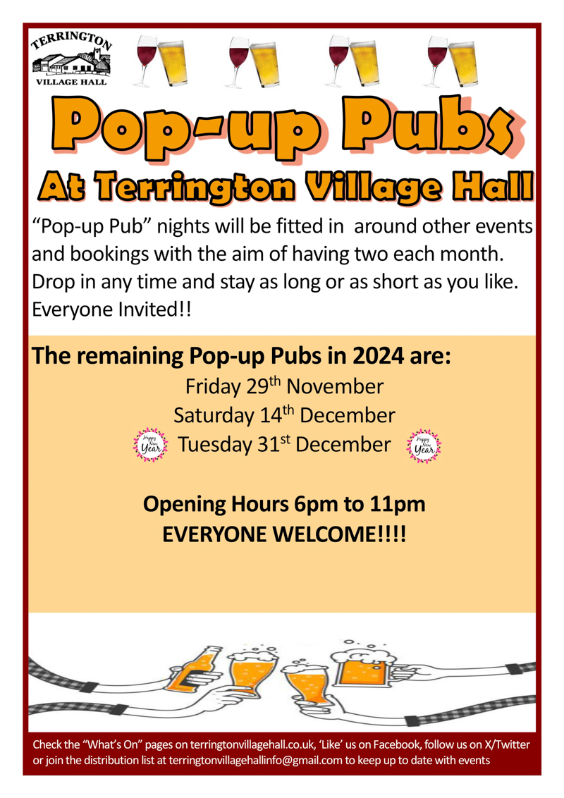 Pop Up Pub, 29<sup>th</sup> Nov, 14<sup>th</sup> & 31<sup>st</sup> Dec